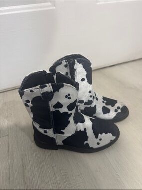 Kids Black and White Cow-Print Western Boots - Slip-On Toddler Boots
